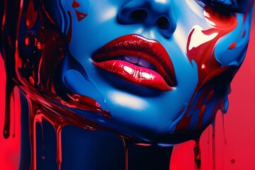 Red lips with red lipstick and blue paint splashes. Close-up.