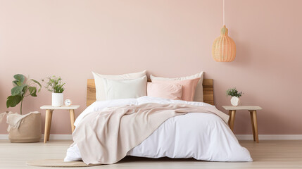 Fototapeta na wymiar Bedroom in the Trending color of 2024. Peach tones. Bedroom design.