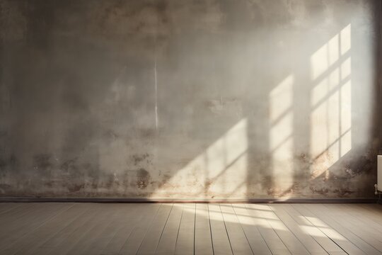 Background for product presentation, wall and wooden parquet floor, sunrays and shadows from window