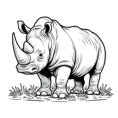 Obraz premium Vector silhouette of a rhino on grass, coloring book page, drawing sketch