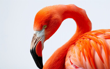 Close up of flamingo on white background. Generative AI