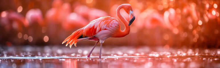 Flamingo in the water.Panorama view. Generative AI