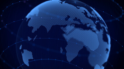 Naklejka premium Network connection structure. Abstract technology background with digital connecting data on planet. Map Earth of dots. Blockchain concept. 3D rendering.