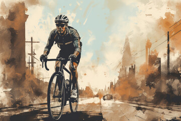 Professional road bicycle or gravel bike racer in grunge retro drawing style - obrazy, fototapety, plakaty