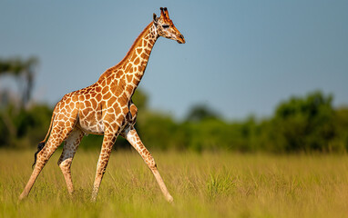 Giraffe standing in meadow. Generative AI