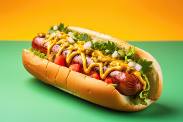 Fresh hot dog with mustard on a bright background