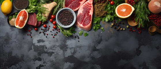 Meat, products and ingredients for cooking on a wooden background