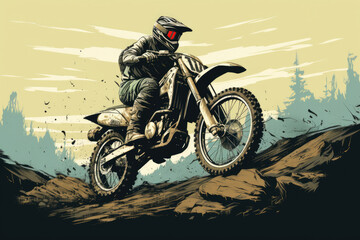 motocross rider on motorcycle bike in grunge retro style