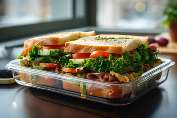 container lunch box with a sandwich with ham and herbs