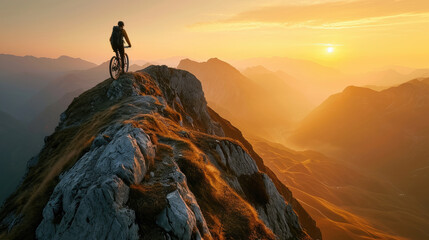 A male cyclist on a high mountain peak with a stunning view of the sunrise over a rugged landscape