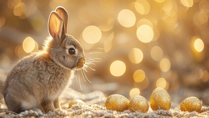 Fototapeta na wymiar A majestic mountain cottontail gazes upon a treasure of golden eggs, symbolizing the endless potential of the natural world and the beauty of life itself