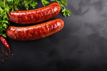 Frying grilled sausages with herbs on a black table