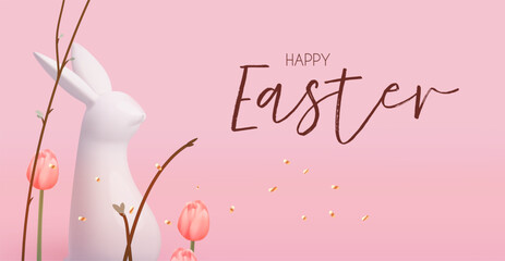 Happy Easter! Holiday background with cute bunny, spring branches and tulip flowers. Easter rabbit and eggs on pink background.