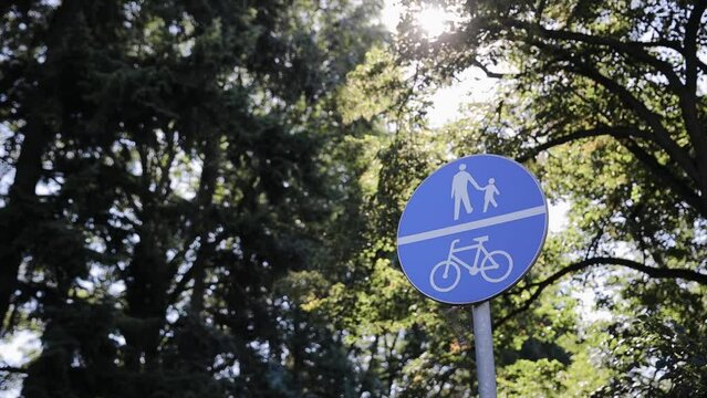 Round road sign means bike path and pedastrian walk priority. Traffic sign white bicycle on blue circle against the backdrop of trees and sky. Concept of infrastructure development for eco transport