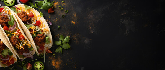 Fresh beef tacos on a dark background. Copy space for text