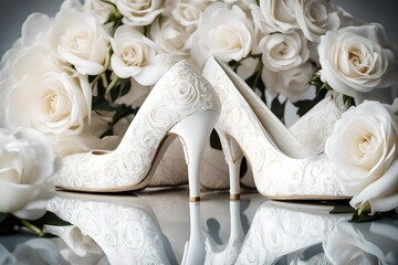 Transport the viewer into a world of bridal beauty with a close-up shot capturing the exquisite details of high-heeled white wedding shoes, set against a backdrop of pristine white roses. 

