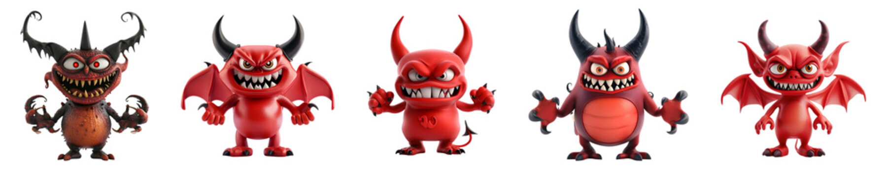 Set of 3D Cartoon Devil Characters on Transparent Background