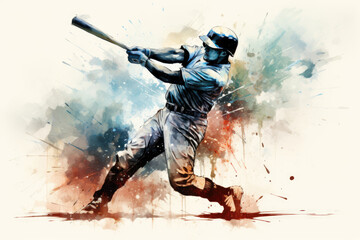 baseball player hits the ball with a bat in vintage drawing style