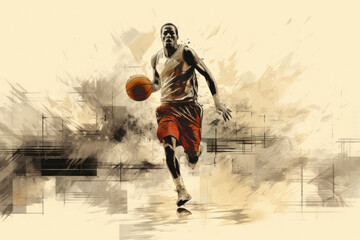 professional basketball player in motion in grunge retro style drawing - obrazy, fototapety, plakaty