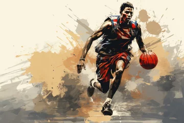 Fotobehang professional basketball player in motion in grunge retro style drawing © Michael