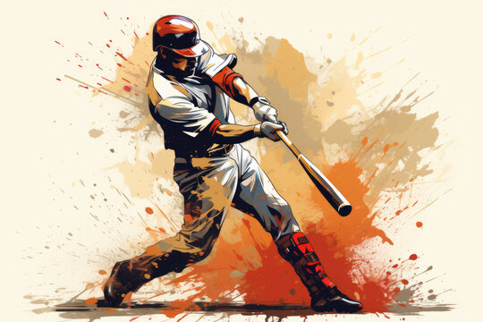 baseball player hits the ball with a bat in vintage drawing style