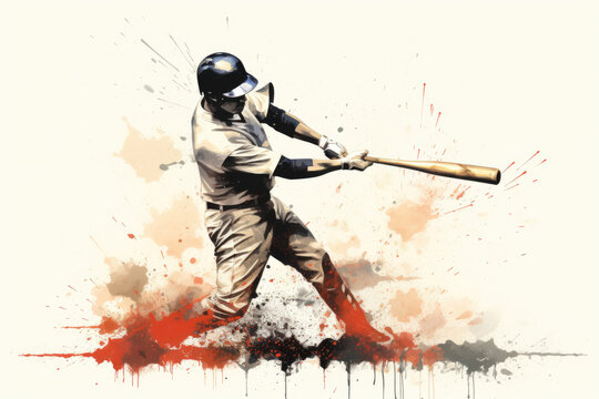 baseball player hits the ball with a bat in vintage drawing style