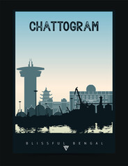 Chattogram city poster illustration, skyline and cityscape with seaport and sea, Chittagong poster art.