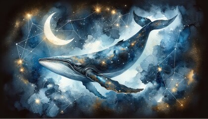 Whale, a horizontal watercolor painting of a majestic whale swimming through the night sky, surrounded by a constellation of stars and a soft crescent