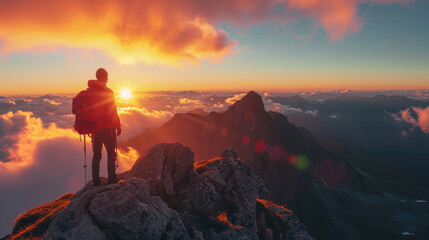 A climber stands at the top of a mountain enjoying the warm light of the rising sun