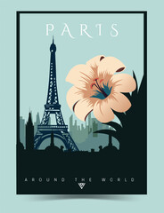 Paris city poster illustration. Cityscape poster with Eifel tower, European summer vacation, holidays concept. Vintage vector colorful art illustrations, city of love.