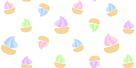 Cute cookie boats with colorful meringue sails on a white background. Kids endless texture with sweet ships. Funny sweetness. Vector seamless pattern for wrapping paper, giftwrap and surface texture