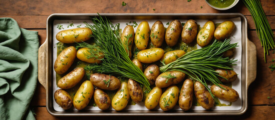 Fingerling potatoes in rustic sheet pan topped with green herbs, dressing and chives on the side, with green linen on wood surface. Banner, Background, Wallpaper, Copy Space, Widescreen, Marketing.