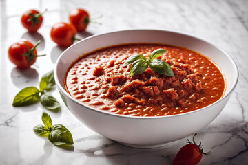 Chipotle Marinara sauce in white bowl on white marble surface.