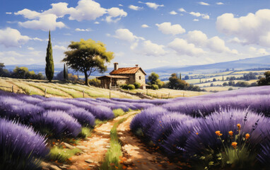 Idyllic landscape painting of a rustic countryside home amidst lavender fields, with cypress trees and rolling hills under a sunny sky