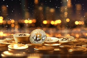 Concept of investing in bitcoins and cryptocurrencies. Cryptocurrency coins Bitcoin. Trading on the cryptocurrency exchange. Bitcoin exchange rate trends.