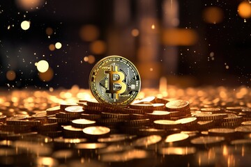 Concept of investing in bitcoins and cryptocurrencies. Cryptocurrency coins Bitcoin. Trading on the cryptocurrency exchange. Bitcoin exchange rate trends.