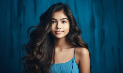 Naklejka premium Radiant young Southeast Asian girl with long hair in a blue dress against a blue textured background, embodying youthfulness and serene beauty