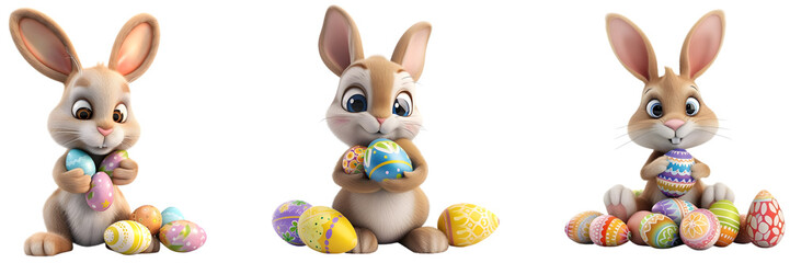 Set of 3D Cartoon Easter Bunnies with Eggs on Transparent Background