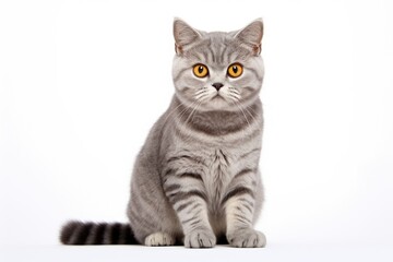 Fototapeta premium Portrait of gray tabby cat on white background. Lovely pet