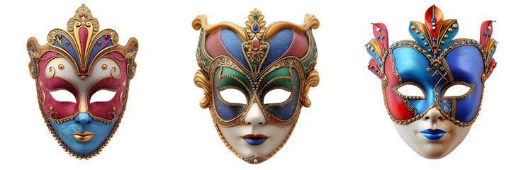 Set of Venetian Carnival Masks on Transparent Background