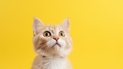 the cat looks up on a yellow background, front view. Cute young cat looks great