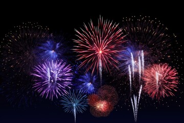 Obraz premium Holiday. A skyline with fireworks lights up the sky. Beautiful night view of the city landscape. Holidays, New Year celebration.