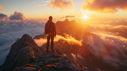 A climber stands at the top of a mountain enjoying the warm light of the rising sun