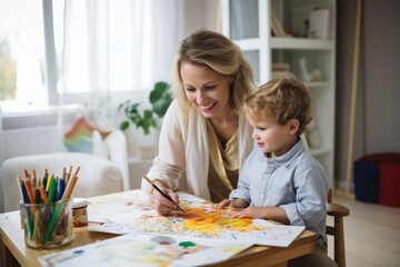 Fototapeta premium Beautiful woman and her cute little son are drawing and smiling while sitting at the table at home