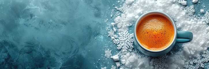 a cup of hot coffee with frosted snowflakes around it, in the style of photo-realistic still life
