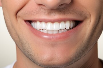 close-up of a man's perfectly white teeth and charming smile, promoting advances in the field of dentistry or orthodontics.