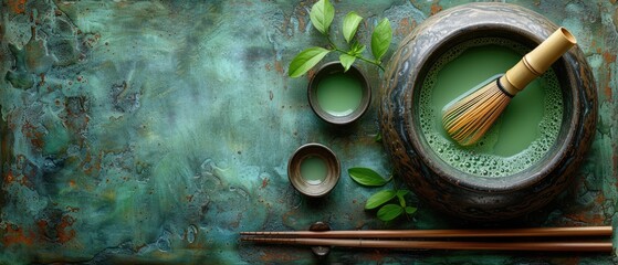 A cup of matcha tea with a traditional bamboo whisk, Japanese tea ceremony style