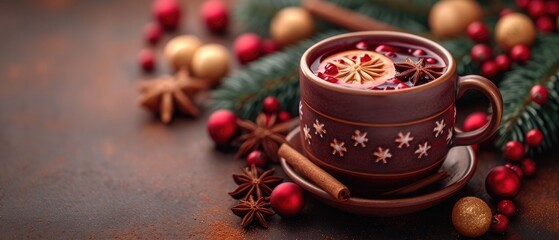 A cup of steaming mulled wine with spices, winter season theme, warm reds and browns