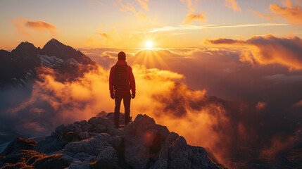 A climber stands at the top of a mountain enjoying the warm light of the rising sun