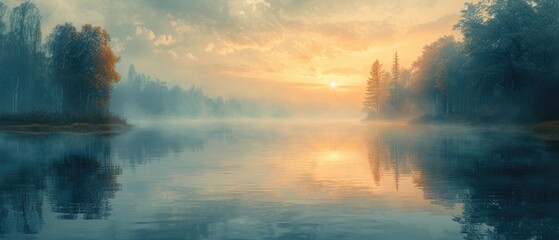 A serene lakeside scene at sunrise with mist on the water, landscape painting style, soft orange...